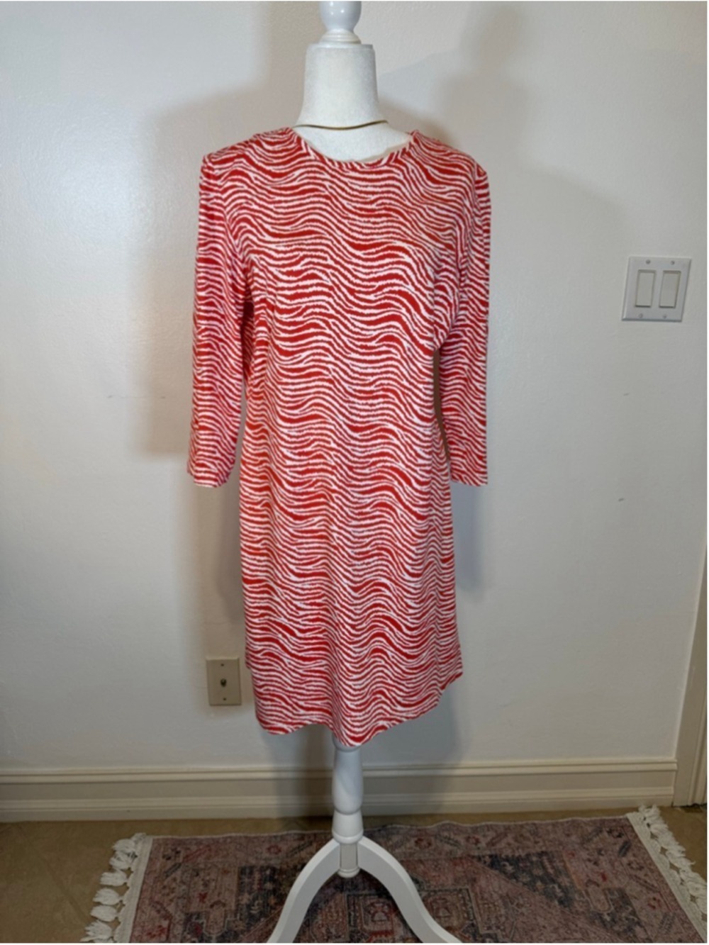 J.McLaughlin coral Red White Zebra Print Mini Dress L, back zip. Stretchy